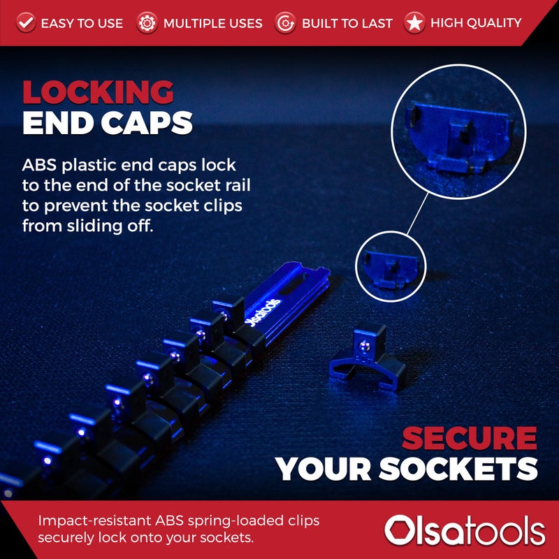 Olsa Tools Aluminum Socket Organizer with Locking End Caps - 3/8-Inch Drive - Blue Socket Holder Rails for Chrome or Impact Sockets - Compact and Durable Socket Storage Solution - Part: 1175 - Image 4